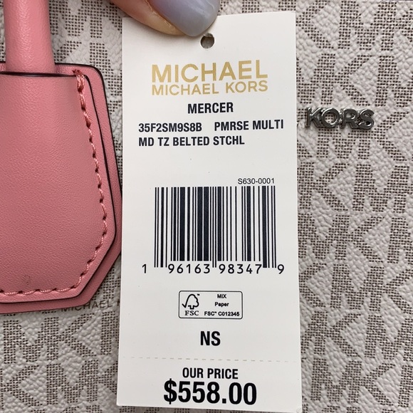 MICHAEL KORS MERCER MEDIUM TOP ZIP BELTED SATCHEL PRIMROSE VANILLA SIGNATURE - Picture 16 of 16